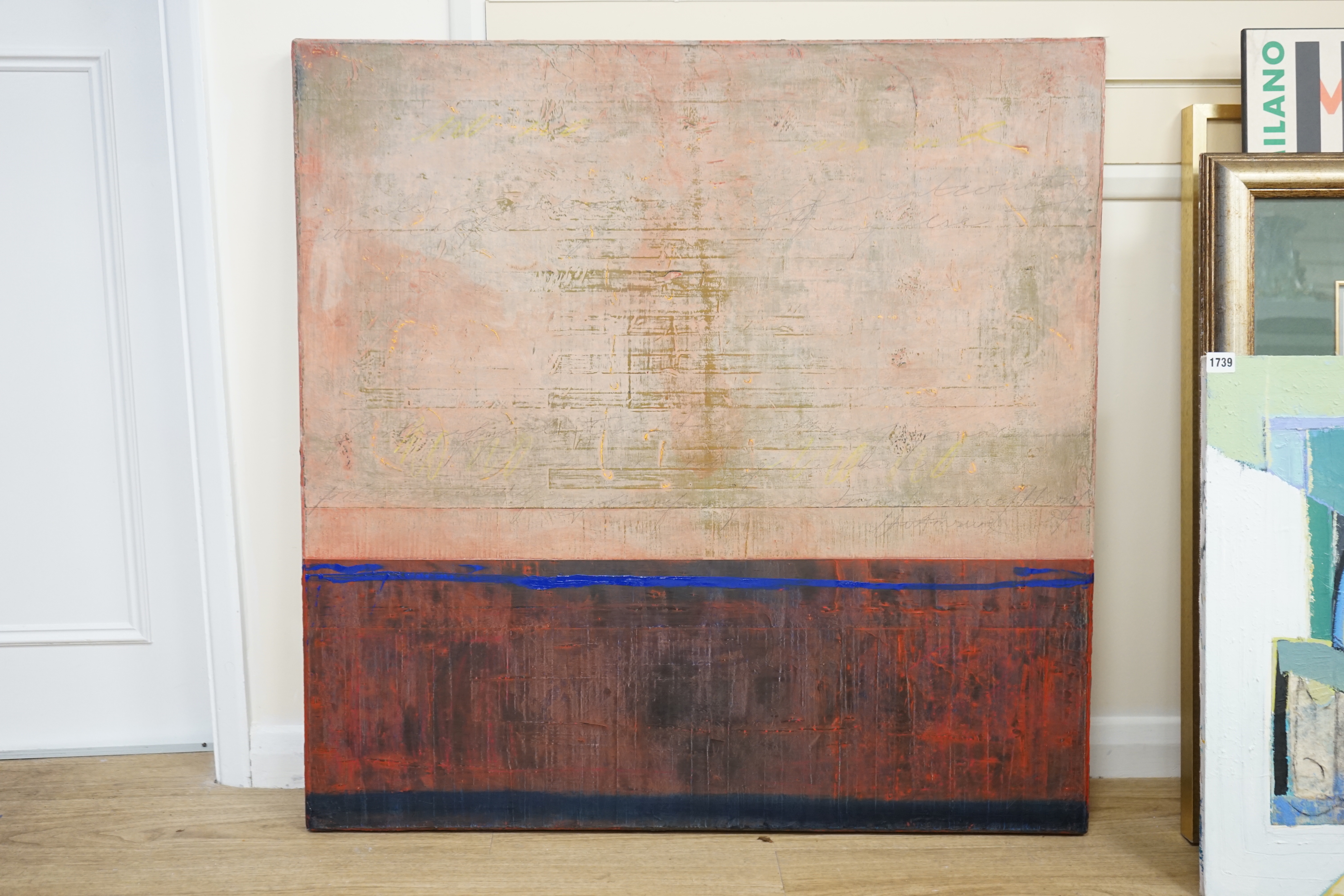 Sheila Geogeohay (Contemporary) abstract oil and mixed media on canvas, By the Fire, inscribed verso, 94cm x 94cm, unframed